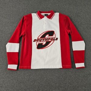 Southpole Mens Long Sleeve Polo Shirt Red White Colorblock Graphic Logo Fleece M